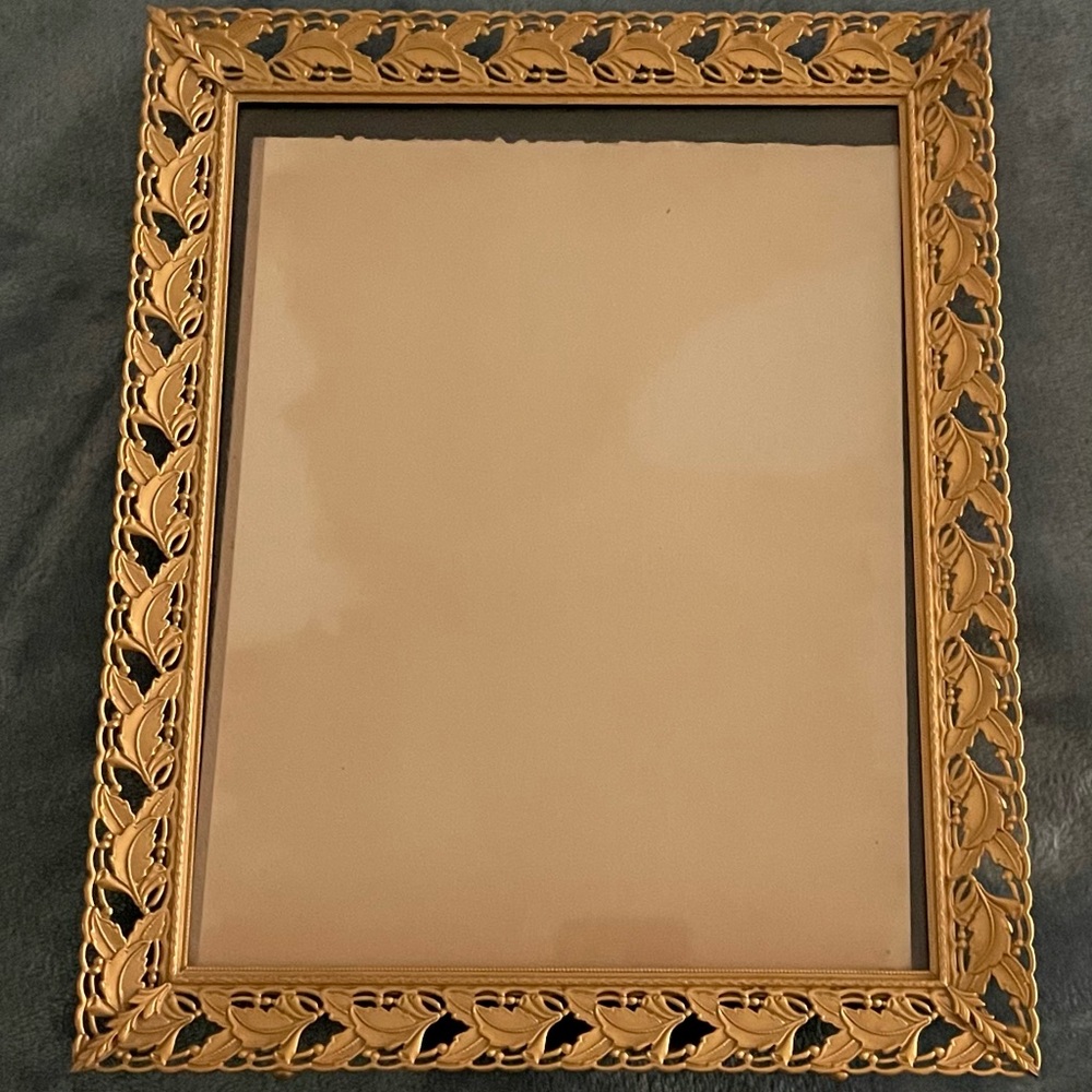 VTG Filigree metal picture frame holds 8”x10” photo